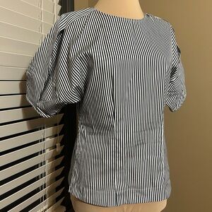 Banana Republic Navy Blue and White Striped Poplin Puff Sleeve Blouse